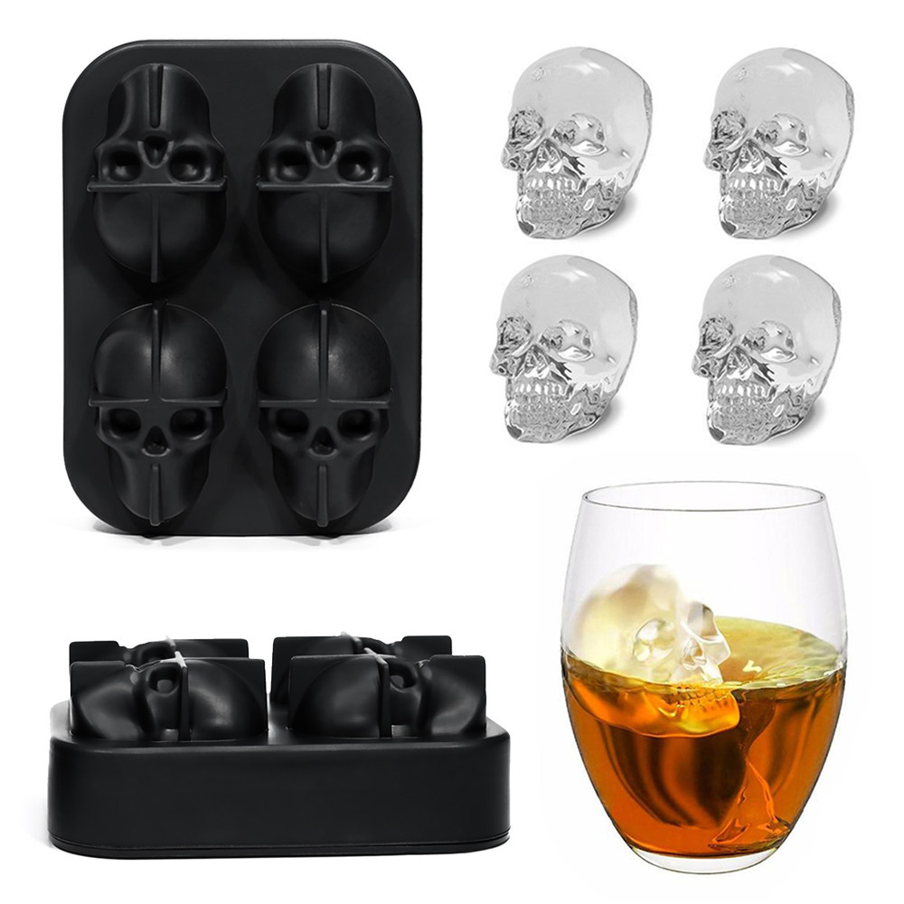 Factory Amazon wholesale 4 unit 3D Skull silicone flexible ice cube mold jello tray mould silicone